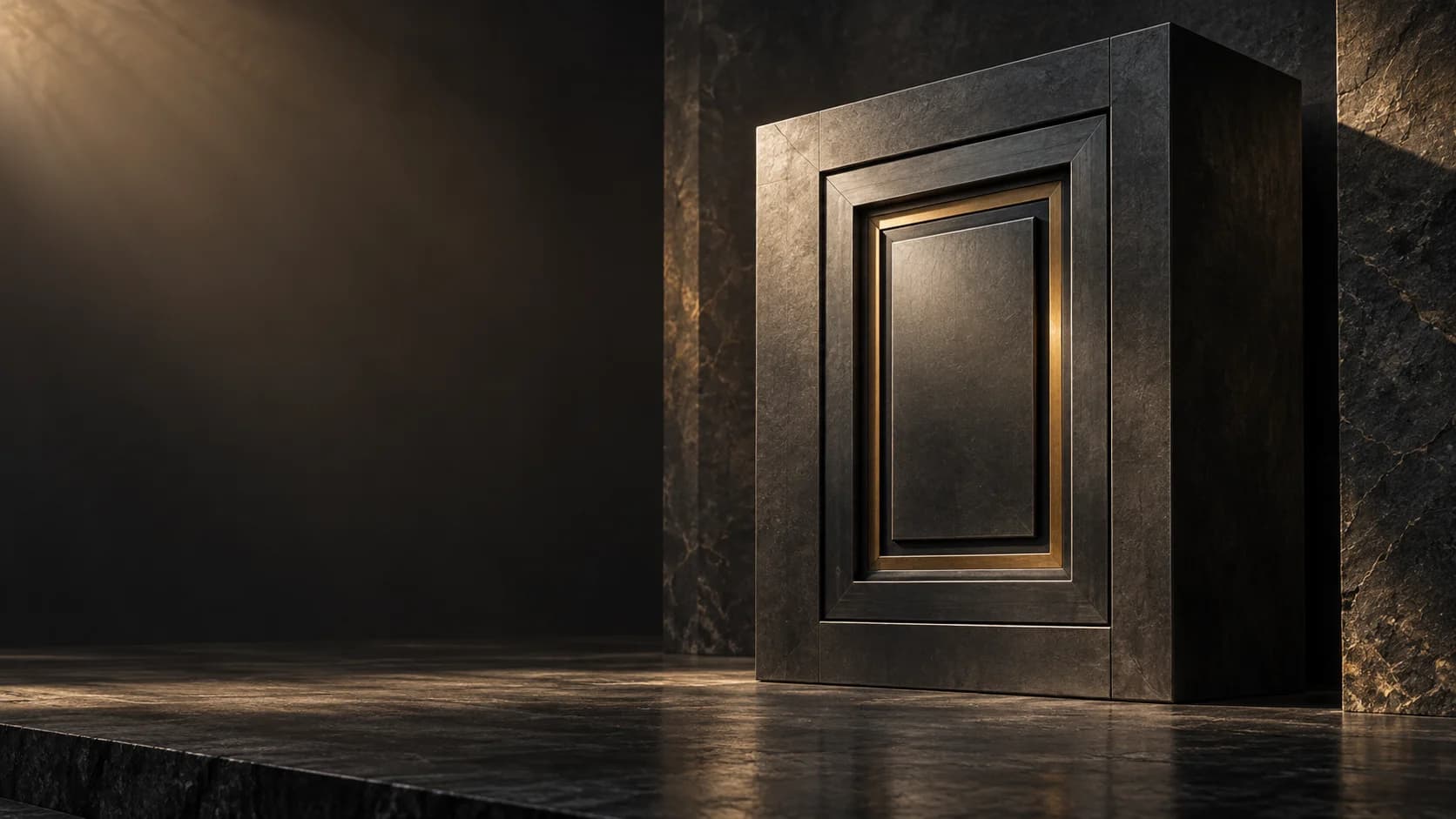 Sculptural graphite vault with precision-cut brass frames